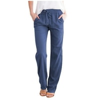 Čvrsta boja ravne posteljine hlače i duge žene casual povremene elastične pamučne hlače sa džepovima