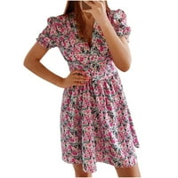 Ljetne haljine za ženske košulje s kratkim rukavima Haljina s cvjetnim uzorkama V-izrez ruffle maxi