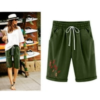 Ženske kratke hlače uzorak opuštene labave bib hlače sa džepovima pamučne posteljine ljetne kratke hlače široke noge palazzo hlače za žene, zelene, s