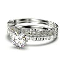 Zasljepljujuće Art Deco 1. Carat okrugli rez dijamantski prsten za angažman, vjenčani prsten, dva podudarna traka u 10k čvrsto bijelo zlato, poklon za djevojčicu, mali osvetnik, Trio set