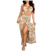 Dame Fashion Sexy Nisko rezani suknji Set Summer Ruffle Froral Print Haljina labava ležerna namotana