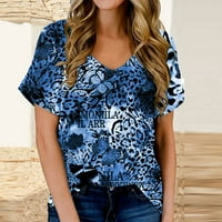 Ženski vrhovi ženske ležerne majice kratkih rukava Ljeto V izrez Loose Comfy Tee Printing Tops Blue XXL