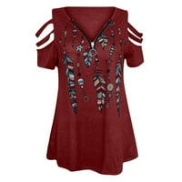 CETHRIO majice za žene - modni V-izrez kratki rukav ljetni ispis labavi bluza crvena