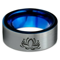 Tungsten Indian Lotus Nelumbo Nucifera Sacred cvjetni band prsten za muškarce Žene Udobne cipele Plavo ravni rez brušeni sivi polirani