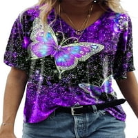 Avamo majica kratkih rukava za žene ljetni leptir tiskani vrhovi casual v vrat osnovni vrhovi šareni
