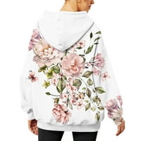 Dukseri za ženske modne modne dugih rukava slobodno okrugli vrat fleece cvjetni print duksevi TOP WHITE XL