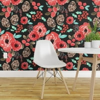 Swatch Removable Wallpaper - Bloom Holiday Cher CRSTER Holly Pine Konus Crne akvarelne cvjetne zimske