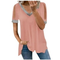 Majice scyoekwg za žene kratki rukav vrhovi ljetni casual solid color comfy v-izrez patchwork t majice lagani bluze čišćenje ružičasta xxl