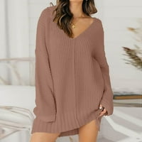 IOPQO džemper haljina za žene dame labave V izrez Srednja duljina haljina pletene džemper pulover haljina