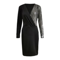 Pgeraug Crne haljine za žene Sequins Patch dubokih V-izrez dugih rukava za zabavu za žene crne m