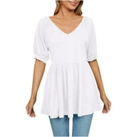 Imestou Ljetne majice Bijela V-izrez Košulje Žene V- izrez Solid Boja kratki rukav Poklon poklon za