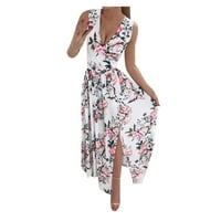 Haljine za žene Ženske modne maxi remen cvjetni šifon V izrez cvjetni ispis duga haljina bijela