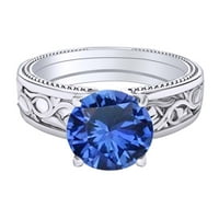 1. Okrugli oblik karata simulirani plavi safirni filigranski zaručnički prsten 14K čvrsta bijela zlatna prstena veličine-5.5