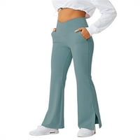 Ladiyo ženske joge hlače Radne hlače Čvrsto boje crossover split hem puna dužina tanka tamki s džepovima