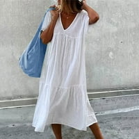 Ženska ljetna haljina od pune boje kratki rukav V vrat dole Ležerna ljuljačka kratka haljina na plaži bijela