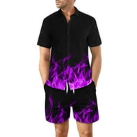 Muška podudarna košulja i kratke hlače postavljeni veliki i visoki povremeni 3D plamen obrazac Ispis kratkog rukava na plaži dolje Comfy ljetni odmor dva odijela ljubičasta xxxl
