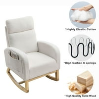 Tapacirana stolica za ljuljanje sa podstavljenim sjedalom i bazom od punog drveta, naglasak naklonosti s visokim leđima, udobnim rockerom sa džepovima za dnevnu sobu spavaću sobu, bijeli med