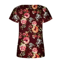 Žene cvjetne majice Dressy casual bluza Vintage Square Crt Tunic Kratki rukav Košulje Ljetni trendi vrhovi Elegantne mashirts Wine XL