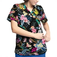 Strungten ženski cvjetni tisak kratkih rukava V-izrez V-izrez Radna uniforma Džepna bluza Ljetni vrhovi za žene Trendy