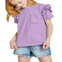 LANGWYQU Ljetne djevojke Jednobojna ruffle majica kratki rukav djeca vrhovi sa džepom za 5- godine