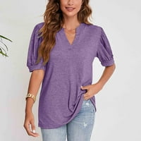 Ženski vrhovi V-izrez Ženska bluza Labavi fit Solid Boja Košulje Skraćeno rukave Ljeto Purple 2xl