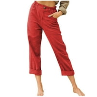 Ženski pamučni posteljina kapris elastična visoka struka plus veličine pune boje teretni pantalone casual ravne džepne pantalone na dugme