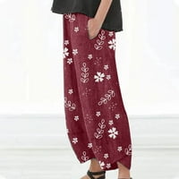 Žene Casual Cropped hlače opušteno fit modni cvjetni ispis elastični visoki struk ravno dugačke hlače