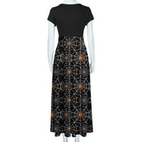 Ženski web print dugačak haljina kratki rukav plus veličine okrugli vrat patchwork plaže casual maxi