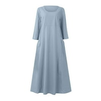 Ležerne haljine za žensko čišćenje trendi dugih rukava Boja pamučna posteljina okrugla džepna haljina
