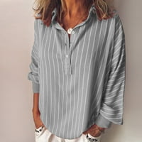 Modna žena labava casual prugasta gumb rever s dugim rukavima majica za bluzu siva