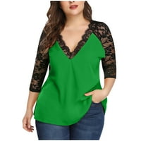 Crochet čipka sa labavim tunikom dugih rukava s dugim rukavima ženske padajuće modne trendi zapadnjačke vrhove za dame V-izrez pulover plus veličine vrhova boja blok dukserice zeleni xl