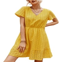 Prednjeg swwalk ženska haljina V izrez Sundress kratki rukav mini haljine boemske casual solidne boje žuti m