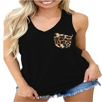 Ženske Cami Top Solid Leopard Print Camisole Pocket tenkovi Halter V izrez Ljeto majica bez rukava-Black3x-Large