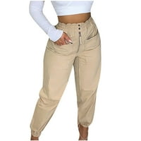 Ženski elastični struk dugme sa zatvaračem Zipper džepni modni ležerne pamučne posteljine tanke hlače