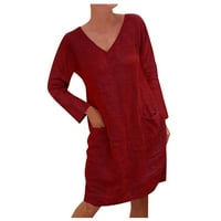 Gotyou ženska ljetna casual puna boja dugi rukav V-izrez za šivanje labavog džepa pamučna posteljina