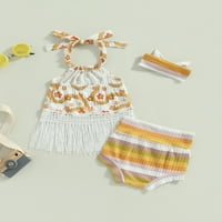 Baby Girl Summer Outfit Covet Print Tassel Hem-up Halter vrat bez rukava na vrhu pruga Stripe kratke