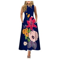 Ženske haljine cvjetni okrugli dekolte A-line srednje dužine Moda ljetna haljina bez rukava tamno plava 2xl