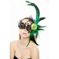 Kayso FBF003BK-GN Majestic Crnog laserskog reza maska ​​maska ​​sa perjem i zelenim cvjetnim aranžmanom - jedna veličina