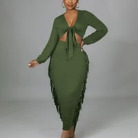 Haljine za žene dugih rukava Čvrsta boja čipka tassel haljina V-izrez Mini Slim Fit Y2K moda Elegantni